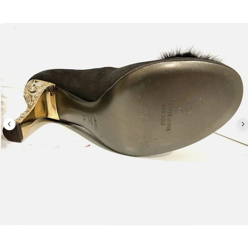 Mariani Studio Bronze Metallic Pumps Womens 7.5 Mink Fur Pom Accent Heels Shoes